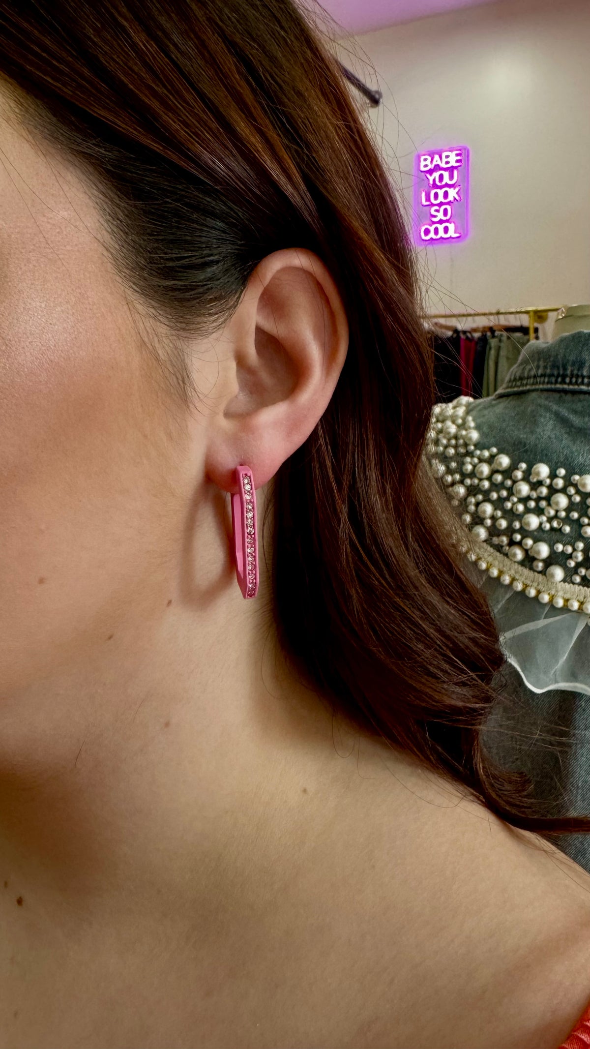 Tinna Matte Pink Rhinestone Oval Hoop Earrings-earrings-Kenze Panne-Peachy Keen Boutique, Women's Fashion Boutique, Located in Cape Girardeau and Dexter, MO