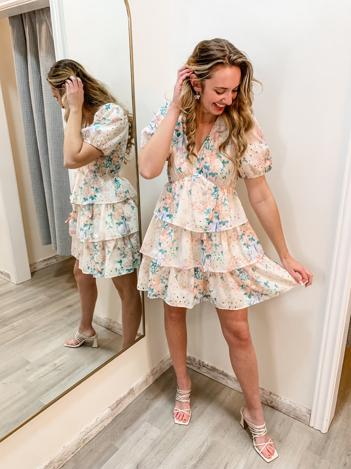 Floral V Neck Tiered Ruffle Elastic Sleeve Dress-182 Dressy Dress-Entro-Peachy Keen Boutique, Women's Fashion Boutique, Located in Cape Girardeau and Dexter, MO