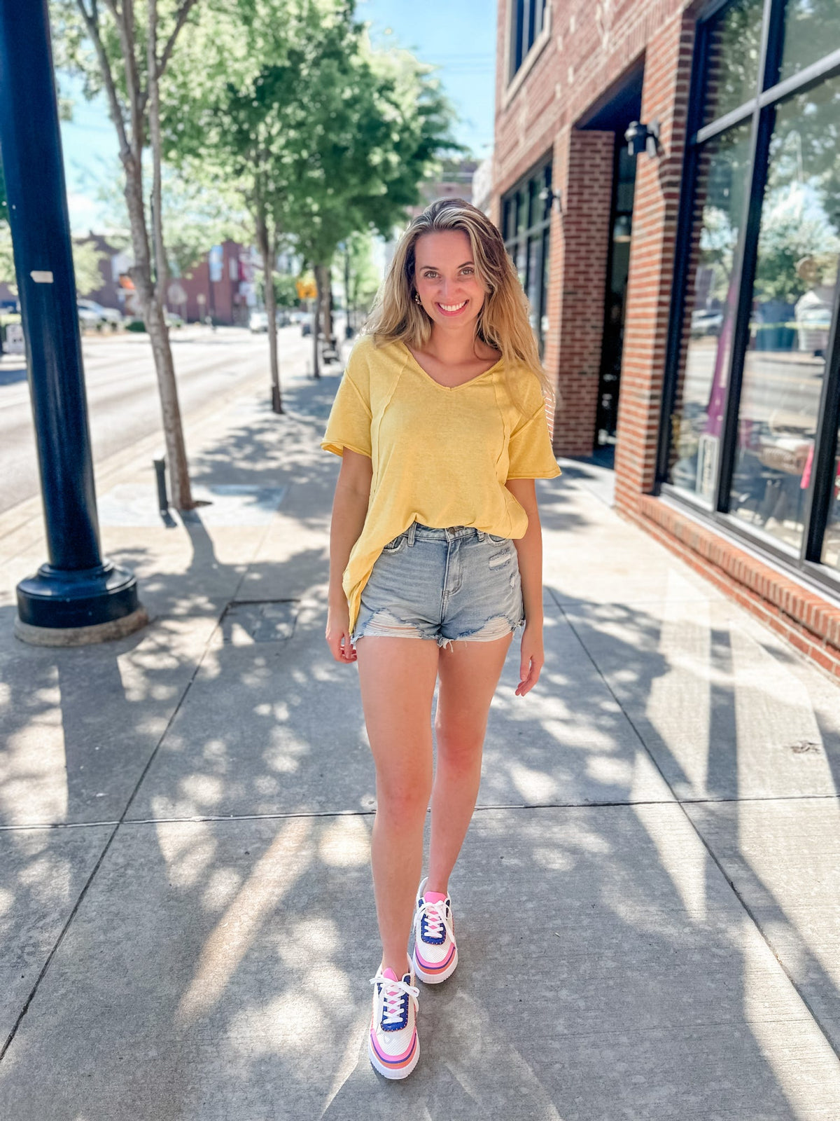 Emily V-Neck Pocket Short Sleeve Top, Lemon-100 Basic Tops-La Miel-Peachy Keen Boutique, Women's Fashion Boutique, Located in Cape Girardeau and Dexter, MO