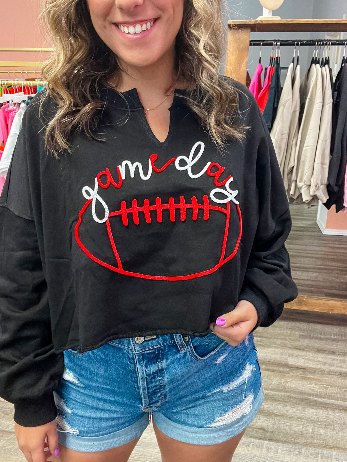 Black Game Day Felt Crop Sweatshirt-150 Hoodies/Pullovers-Peach Love California-Peachy Keen Boutique, Women's Fashion Boutique, Located in Cape Girardeau and Dexter, MO