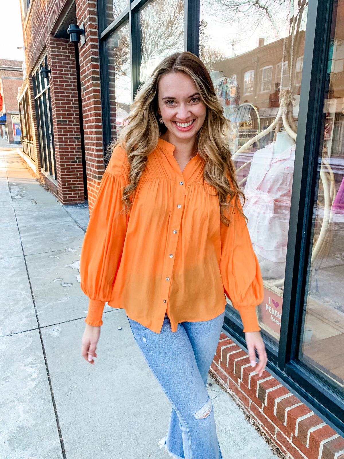 Apricot Long Sleeve Button Down Blouse-120 Blouses-Entro-Peachy Keen Boutique, Women's Fashion Boutique, Located in Cape Girardeau and Dexter, MO