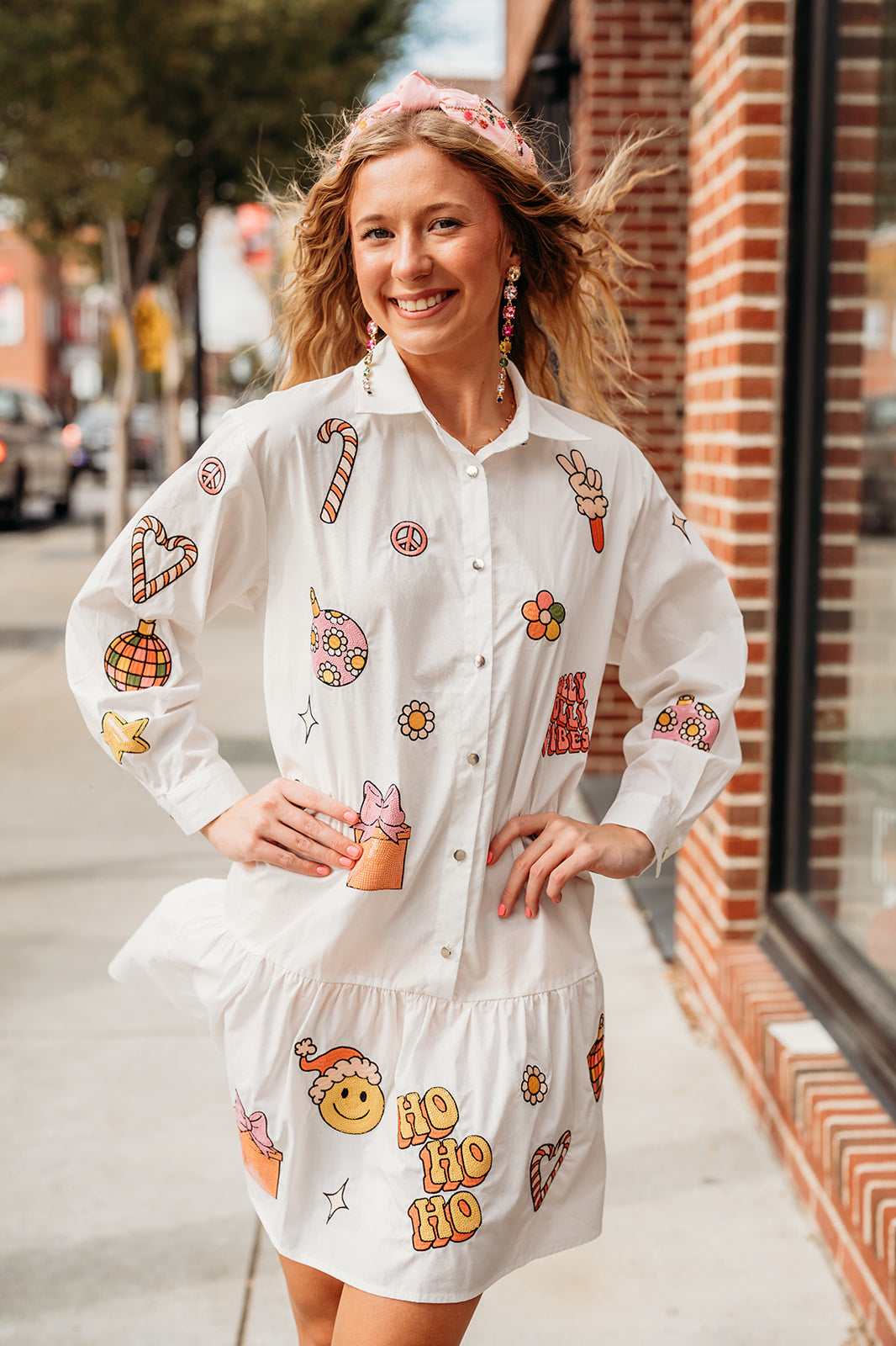 White Long Sleeve Dress with Christmas Embroidered Patches-181 Casual Dress-Why Dresses-Peachy Keen Boutique, Women's Fashion Boutique, Located in Cape Girardeau and Dexter, MO