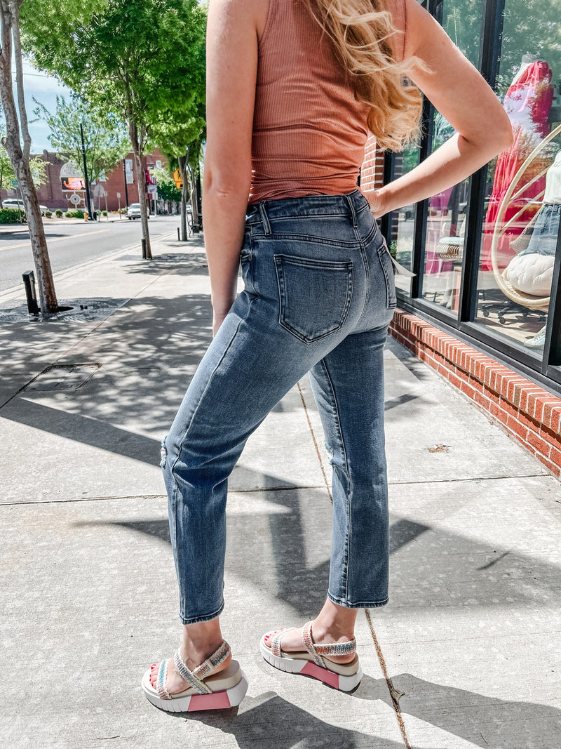 Hidden | Tracey High Rise Straight Medium Wash Lightly Distressed Jeans-210 Denim-Hidden-Peachy Keen Boutique, Women's Fashion Boutique, Located in Cape Girardeau and Dexter, MO