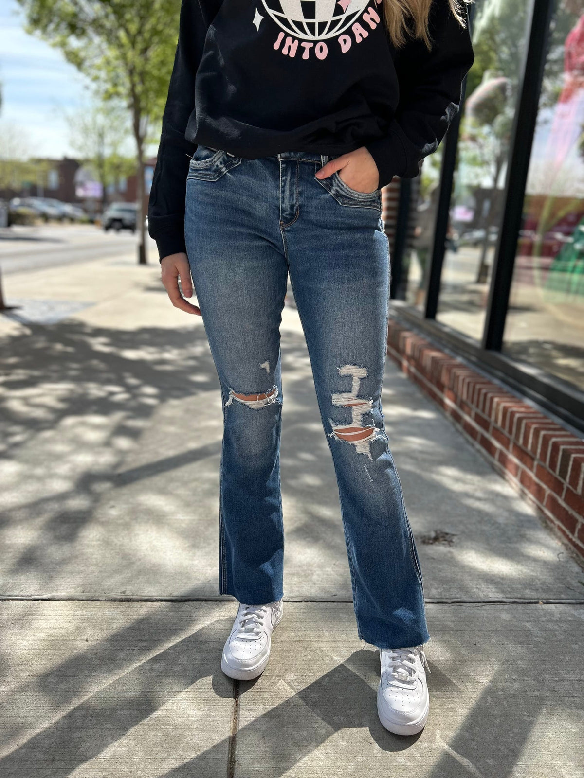 Flying Monkey | Mid Rise Medium Dark Wash Lightly Distressed Bootcut Denim Jeans-210 Denim-Flying Monkey-Peachy Keen Boutique, Women's Fashion Boutique, Located in Cape Girardeau and Dexter, MO