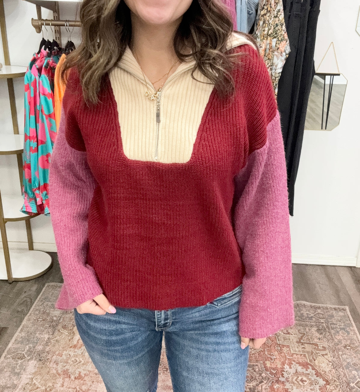 Maroon & Purple Colorblock Wide Neck Quarter Zip Pullover Sweater-140 Sweaters-Entro-Peachy Keen Boutique, Women's Fashion Boutique, Located in Cape Girardeau and Dexter, MO