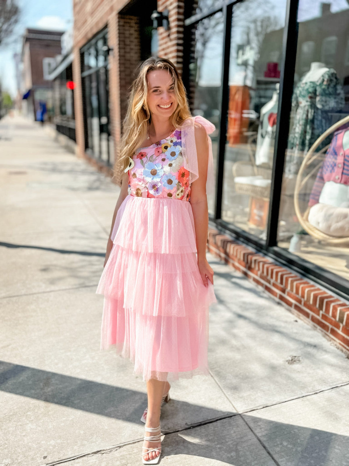 Floral Tulle Ruffle Pink One Shoulder Midi Dress-182 Dressy Dress-Entro-Peachy Keen Boutique, Women's Fashion Boutique, Located in Cape Girardeau and Dexter, MO