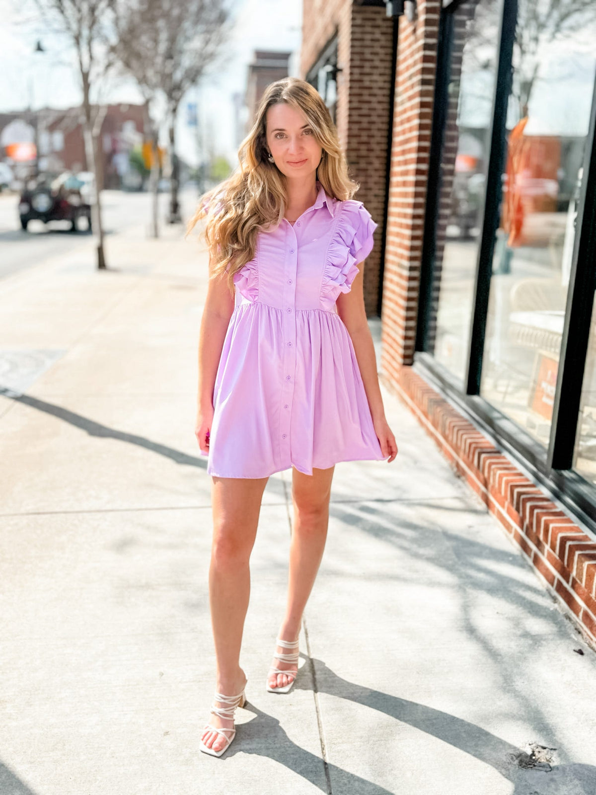 Lilac Ruffle Button Down Dress-181 Casual Dress-Entro-Peachy Keen Boutique, Women's Fashion Boutique, Located in Cape Girardeau and Dexter, MO