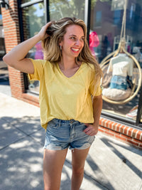 Emily V-Neck Pocket Short Sleeve Top, Lemon-100 Basic Tops-La Miel-Peachy Keen Boutique, Women's Fashion Boutique, Located in Cape Girardeau and Dexter, MO