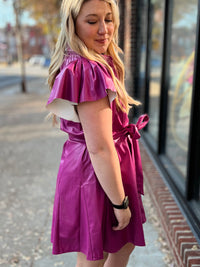 Sincerely Ours | Fuschia Leather Ruffle Sleeve Dress-182 Dressy Dress-Sincerely Ours-Peachy Keen Boutique, Women's Fashion Boutique, Located in Cape Girardeau and Dexter, MO