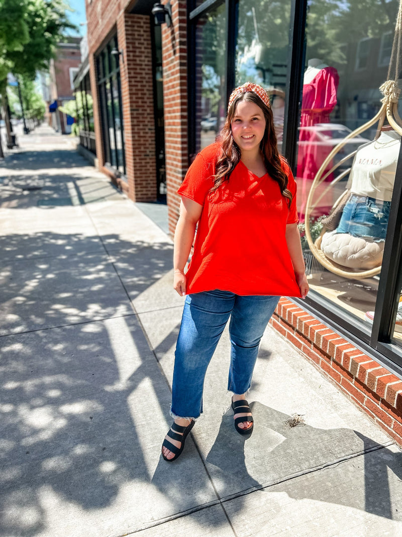 Emily V-Neck Pocket Short Sleeve Top, Coral-100 Basic Tops-La Miel-Peachy Keen Boutique, Women's Fashion Boutique, Located in Cape Girardeau and Dexter, MO