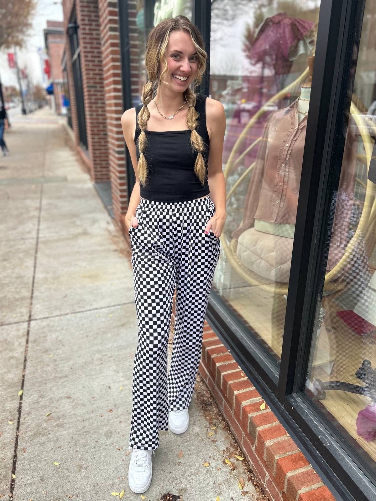 Black and White Retro Checkered Pants-190 Leggins/Pants-J.nna-Peachy Keen Boutique, Women's Fashion Boutique, Located in Cape Girardeau and Dexter, MO
