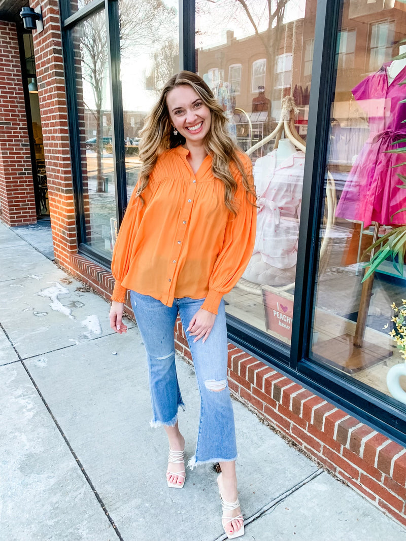 Apricot Long Sleeve Button Down Blouse-120 Blouses-Entro-Peachy Keen Boutique, Women's Fashion Boutique, Located in Cape Girardeau and Dexter, MO