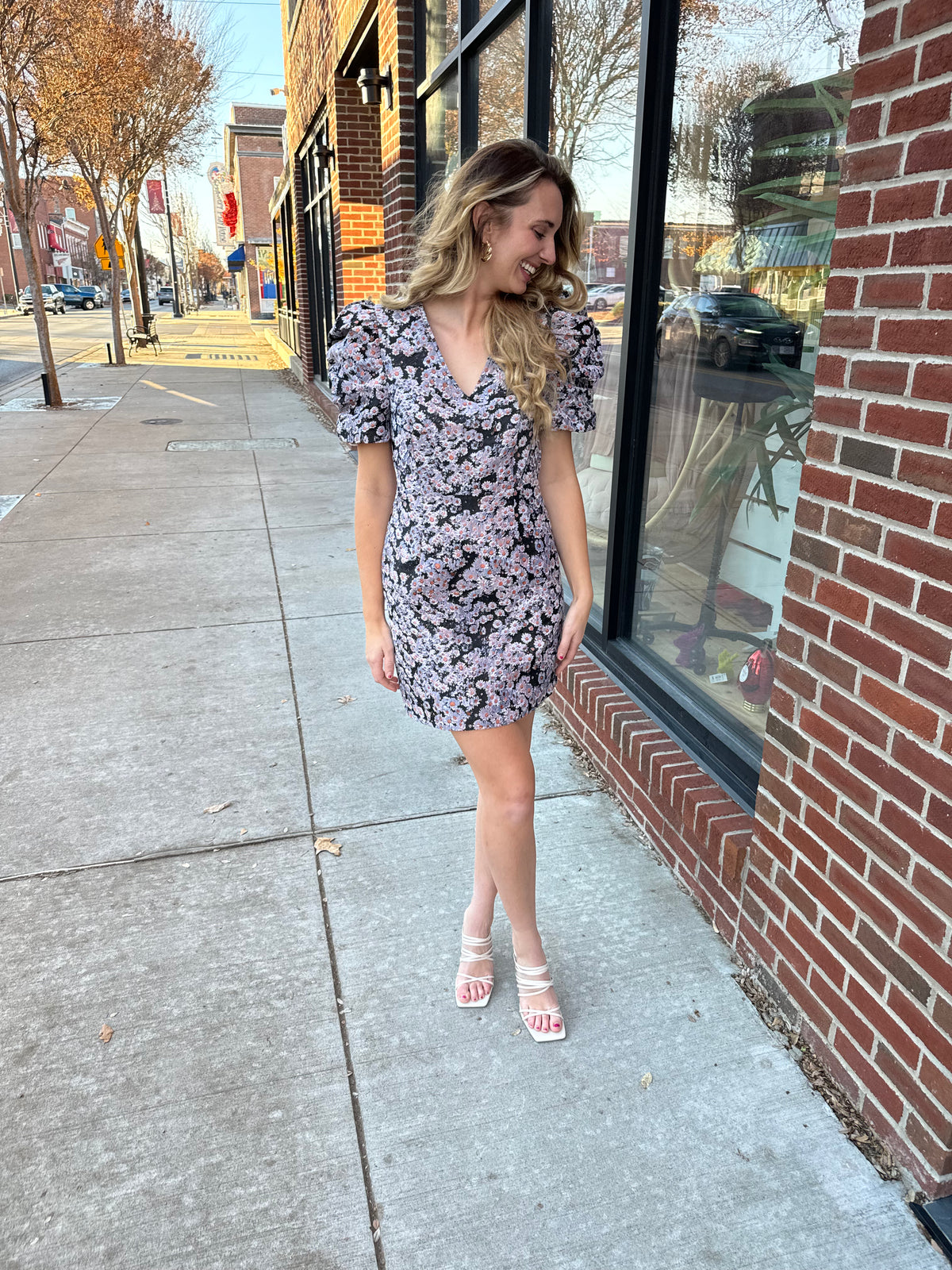 Black Floral Textured Puff Sleeve Dress-182 Dressy Dress-Entro-Peachy Keen Boutique, Women's Fashion Boutique, Located in Cape Girardeau and Dexter, MO