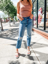 Hidden | Tracey High Rise Straight Medium Wash Lightly Distressed Jeans-210 Denim-Hidden-Peachy Keen Boutique, Women's Fashion Boutique, Located in Cape Girardeau and Dexter, MO
