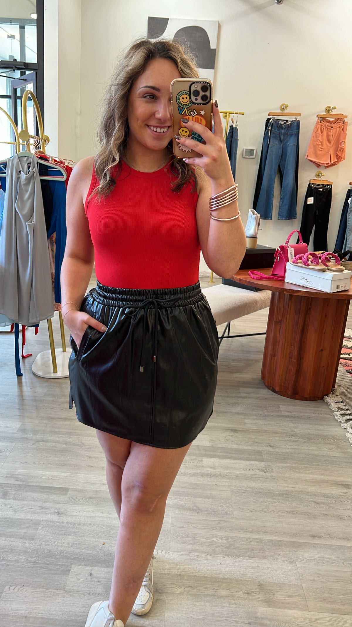 Black Leather Elastic Band Skirt-200 Shorts/Skirts-Entro-Peachy Keen Boutique, Women's Fashion Boutique, Located in Cape Girardeau and Dexter, MO
