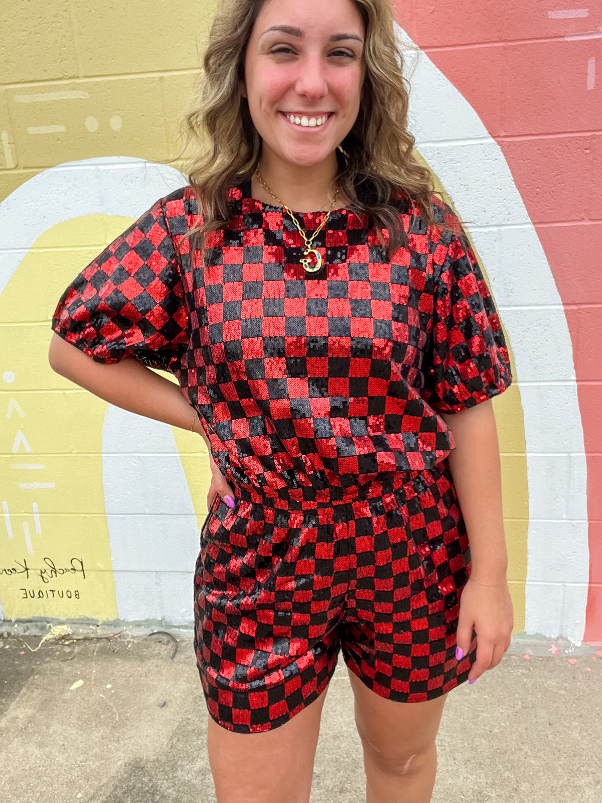 Red and Black Sequin Checkered Top-120 Blouses-Why Dresses-Peachy Keen Boutique, Women's Fashion Boutique, Located in Cape Girardeau and Dexter, MO