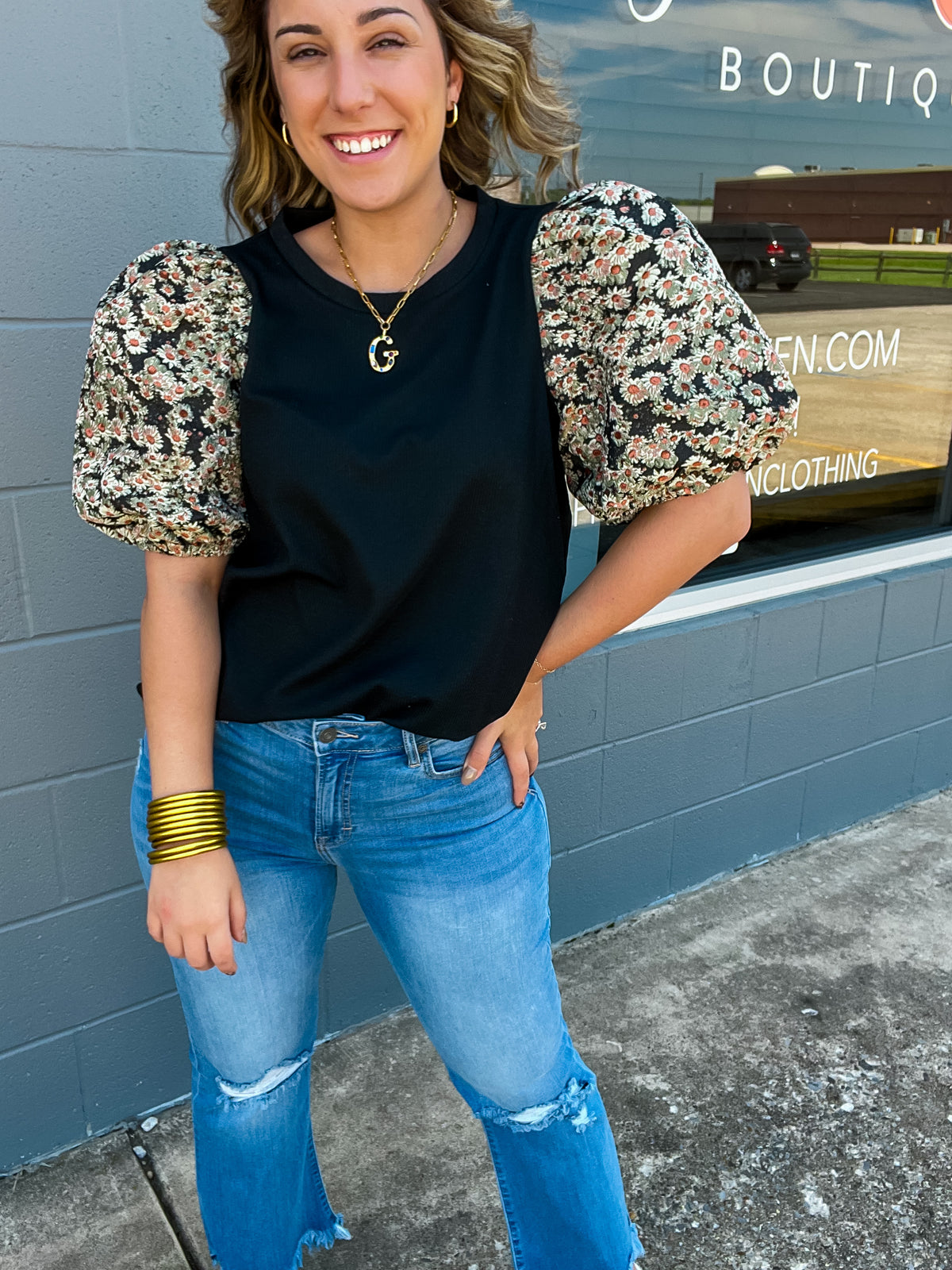 Black Ribbed Textured Floral Sleeve Shirt-120 Blouses-Entro-Peachy Keen Boutique, Women's Fashion Boutique, Located in Cape Girardeau and Dexter, MO