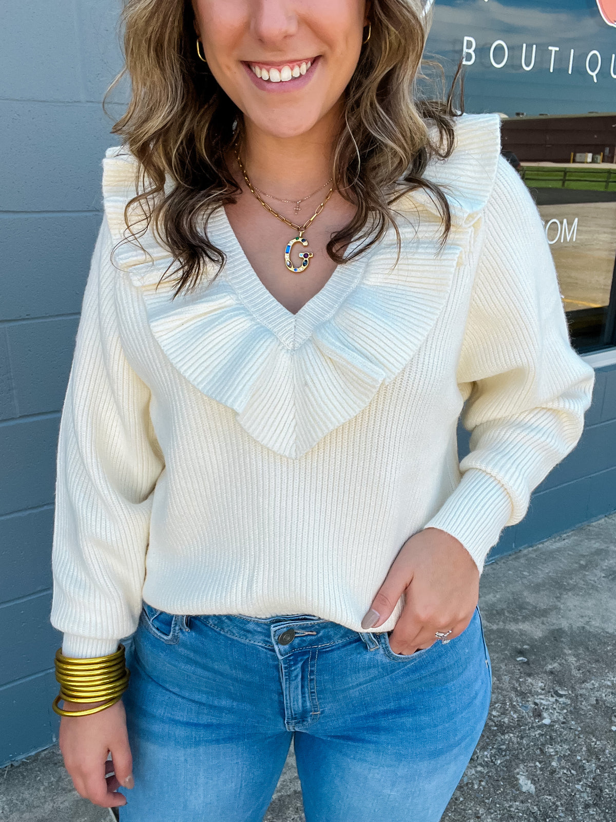 Off White Ruffle Sweater-140 Sweaters-Molly Bracken-Peachy Keen Boutique, Women's Fashion Boutique, Located in Cape Girardeau and Dexter, MO