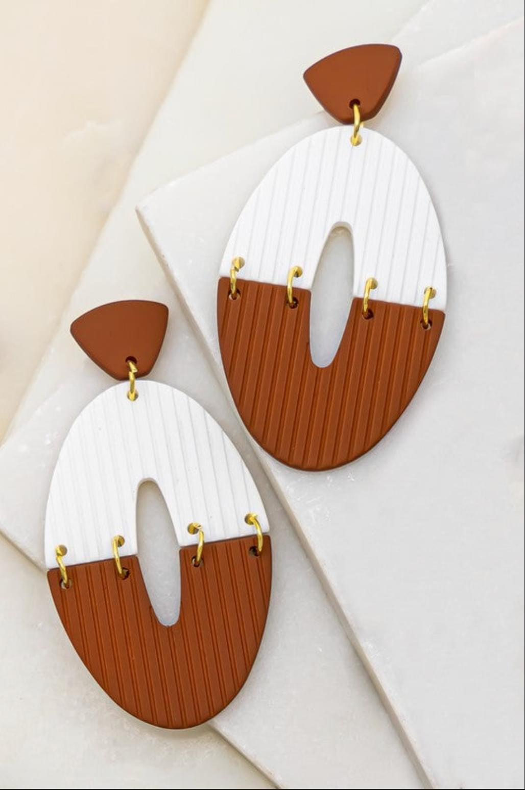 Brown & White Ribbed Clay Oval Earrings-earrings-Golden Stella-Peachy Keen Boutique, Women's Fashion Boutique, Located in Cape Girardeau and Dexter, MO