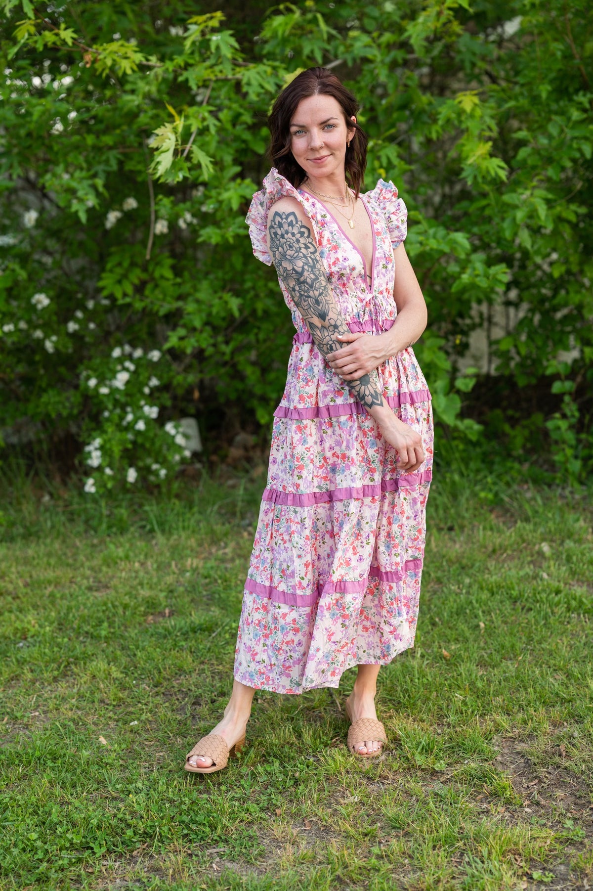 Pink Floral Deep V Neck Ruffle Midi Dress-182 Dressy Dress-Aureum-Peachy Keen Boutique, Women's Fashion Boutique, Located in Cape Girardeau and Dexter, MO