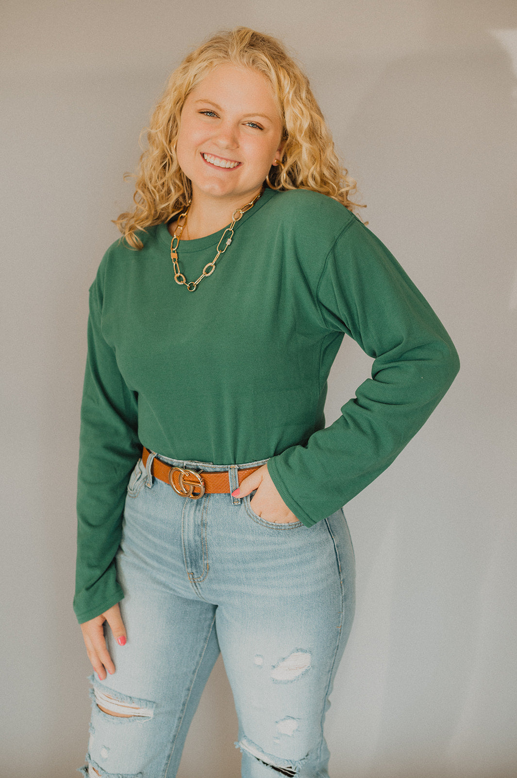 Forest Green Round Neck Long Sleeve Bodysuit-Shirts & Tops-Gilli-Peachy Keen Boutique, Women's Fashion Boutique, Located in Cape Girardeau and Dexter, MO