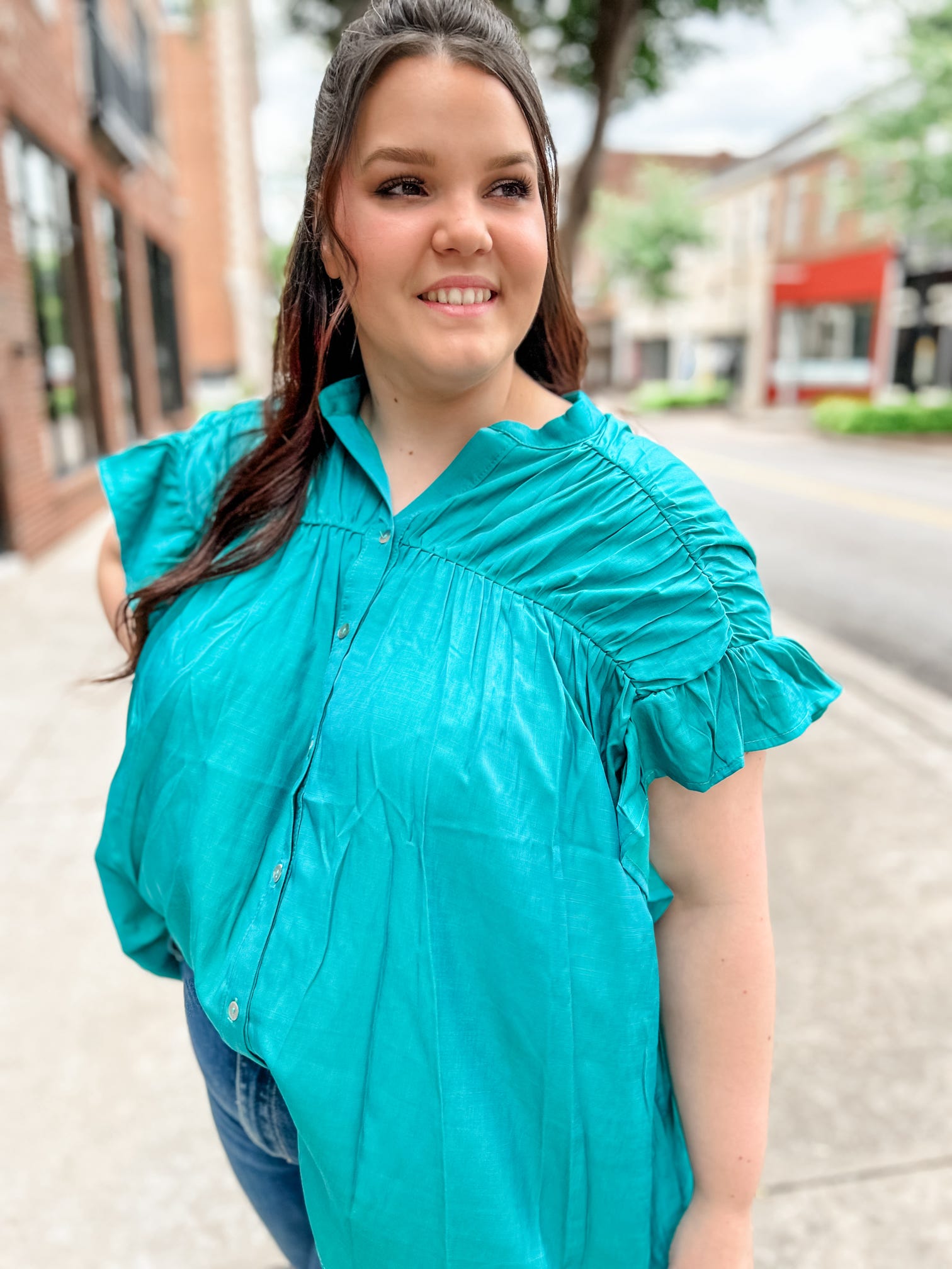 Tupelo Woven Jade Top-Tops - Blouses-Bibi-Peachy Keen Boutique, Women's Fashion Boutique, Located in Cape Girardeau and Dexter, MO