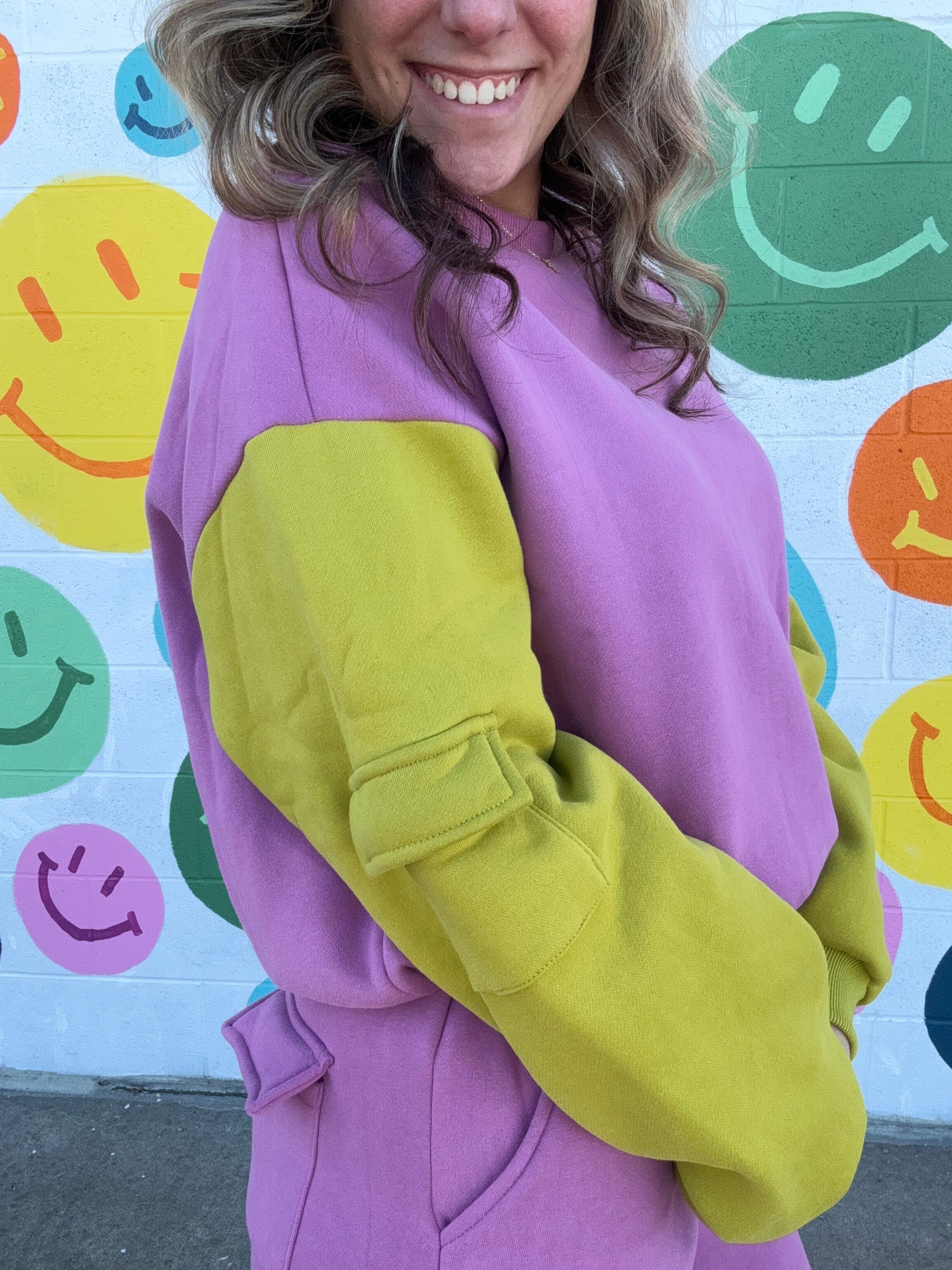 Pink and Green Pocket Sleeve Sweatshirt-Sweatshirt-ButterMelon-Peachy Keen Boutique, Women's Fashion Boutique, Located in Cape Girardeau and Dexter, MO