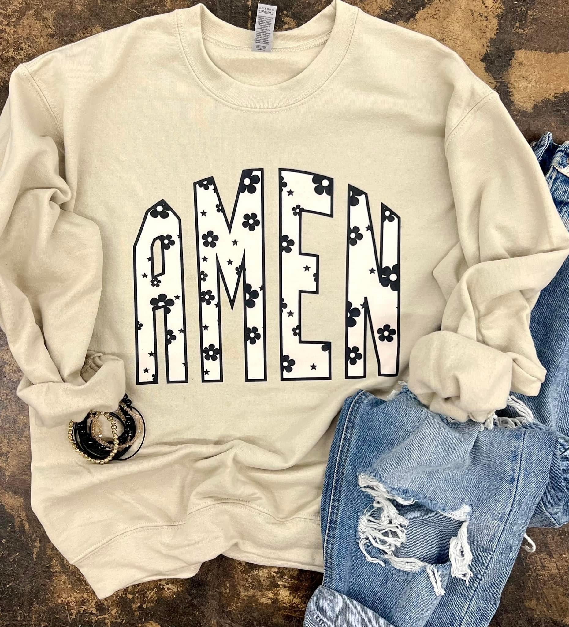 Black Flower Amen Sweatshirt-Sweatshirt-Knox and Nell-Peachy Keen Boutique, Women's Fashion Boutique, Located in Cape Girardeau and Dexter, MO