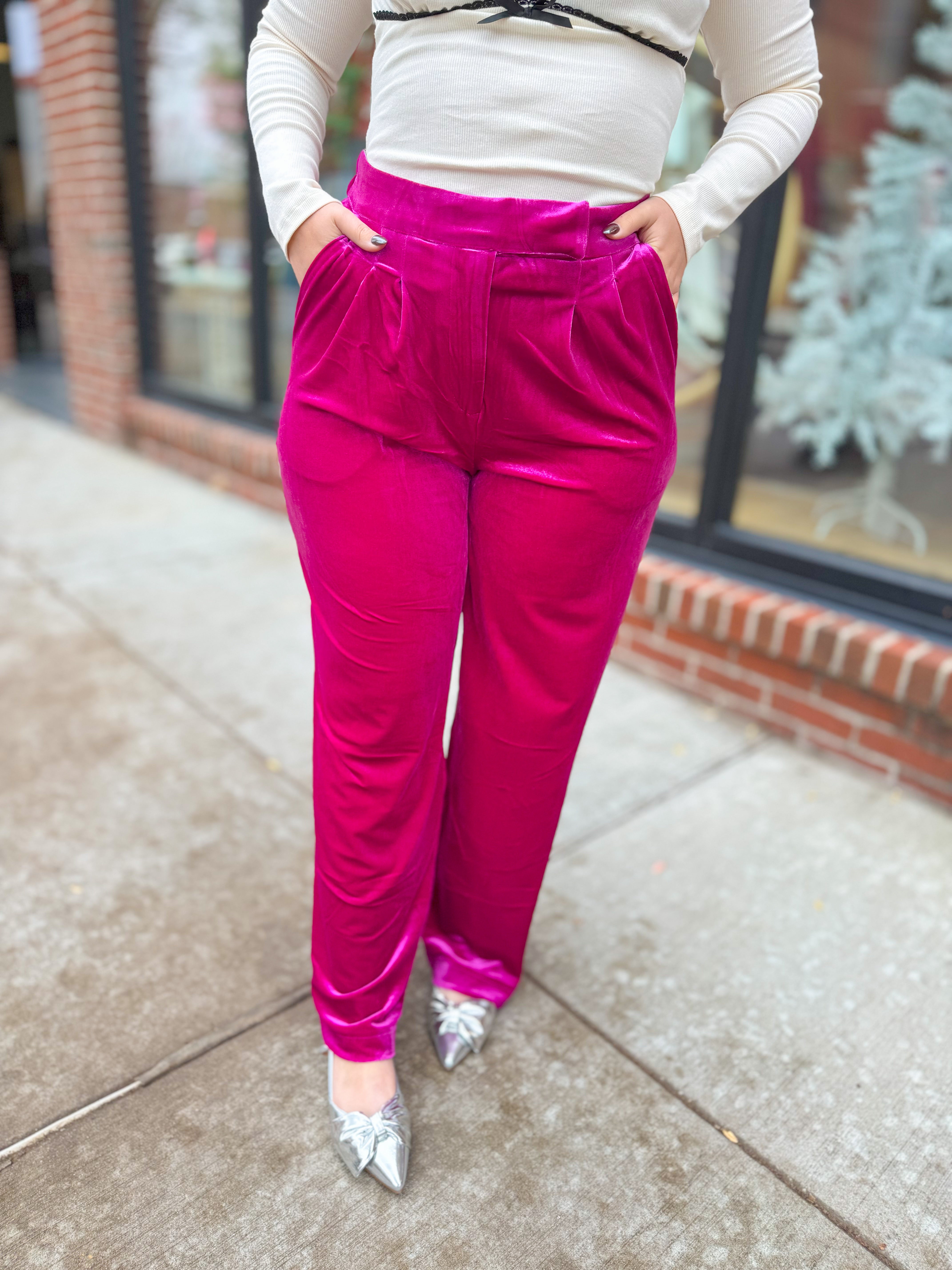 Magenta Crushed Velvet Pants-Bottoms - Pants-Very J-Peachy Keen Boutique, Women's Fashion Boutique, Located in Cape Girardeau and Dexter, MO