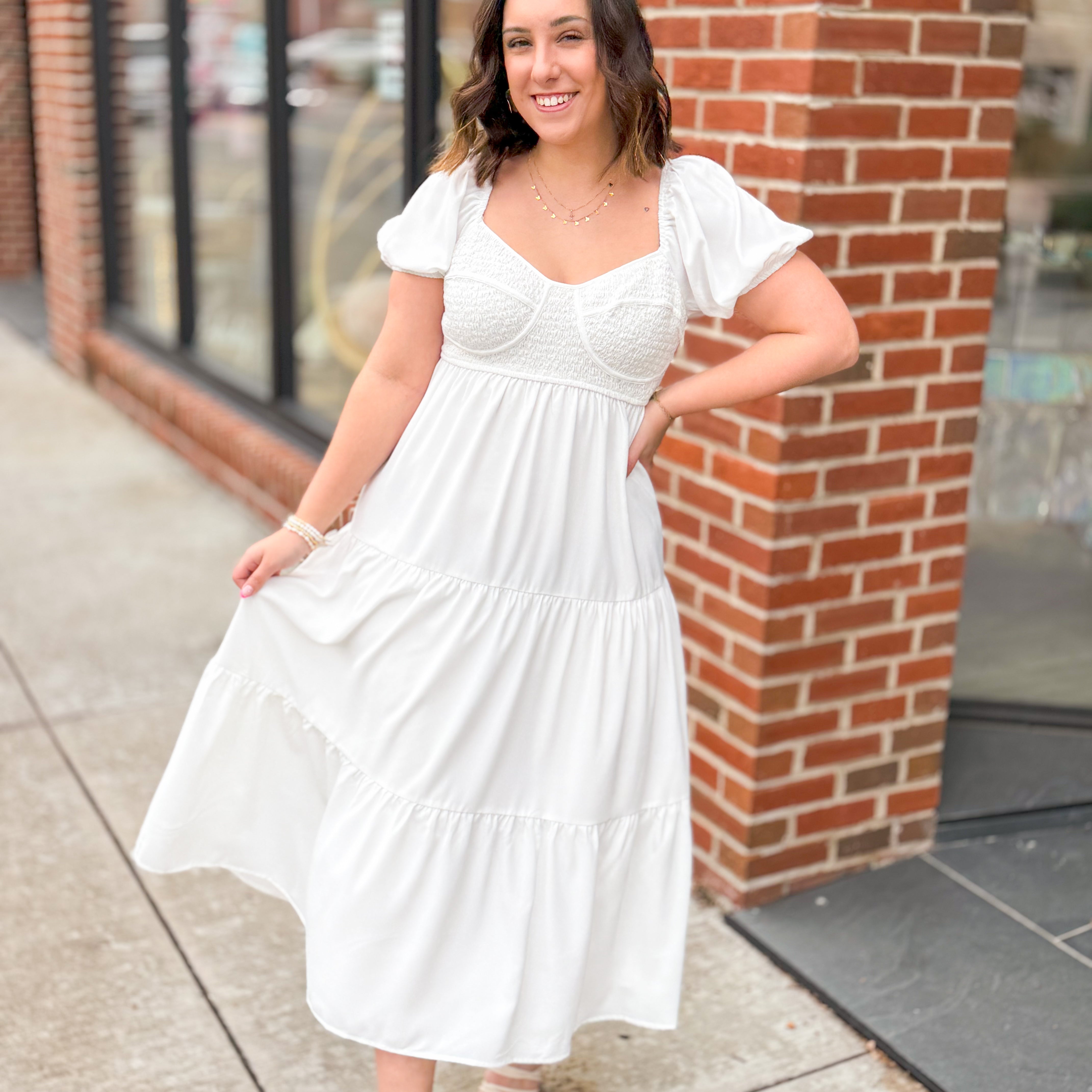 White Tiered Midi Dress-Dresses-Le LIs-Peachy Keen Boutique, Women's Fashion Boutique, Located in Cape Girardeau and Dexter, MO