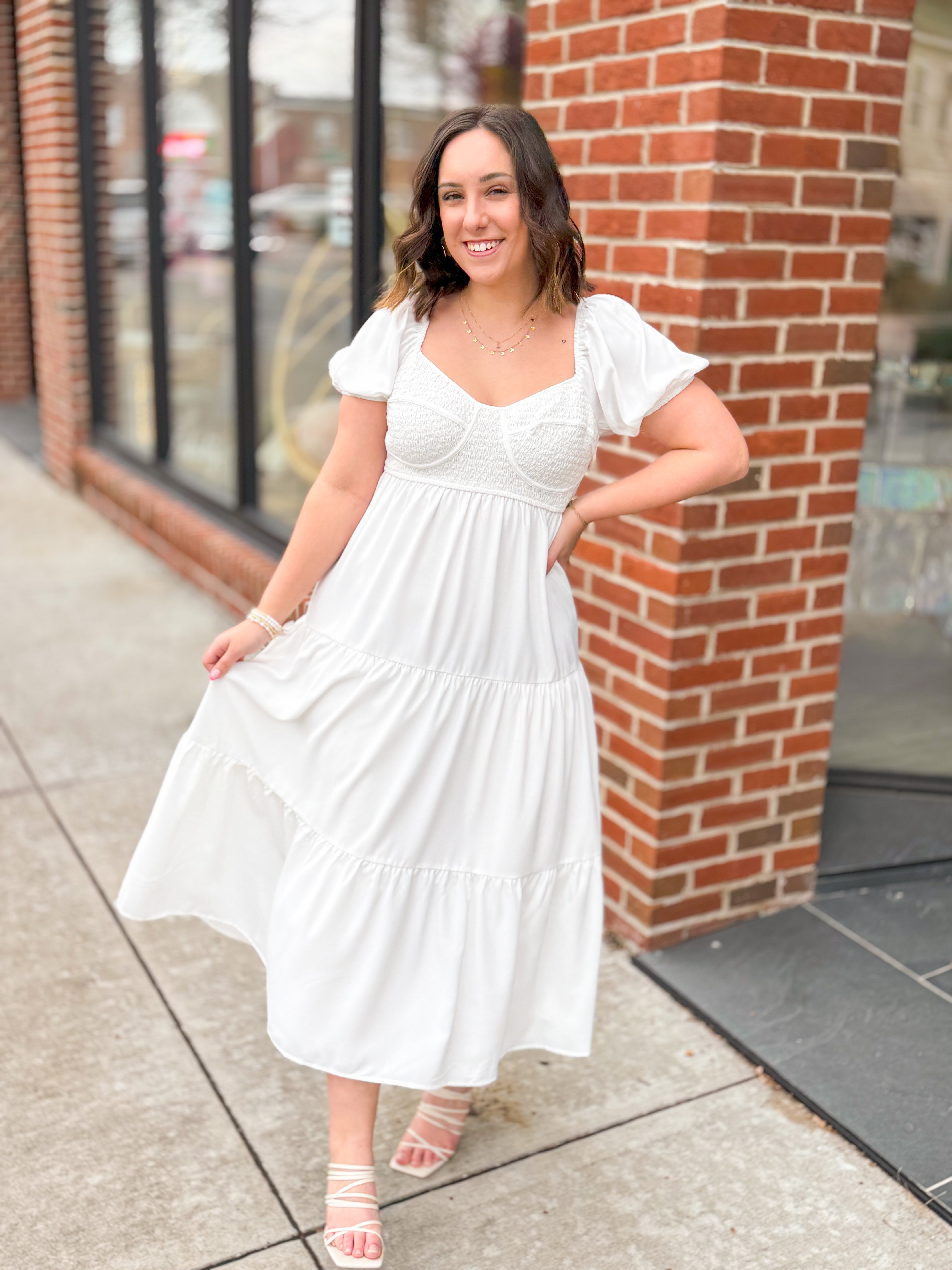 White Tiered Midi Dress-Dresses-Le LIs-Peachy Keen Boutique, Women's Fashion Boutique, Located in Cape Girardeau and Dexter, MO