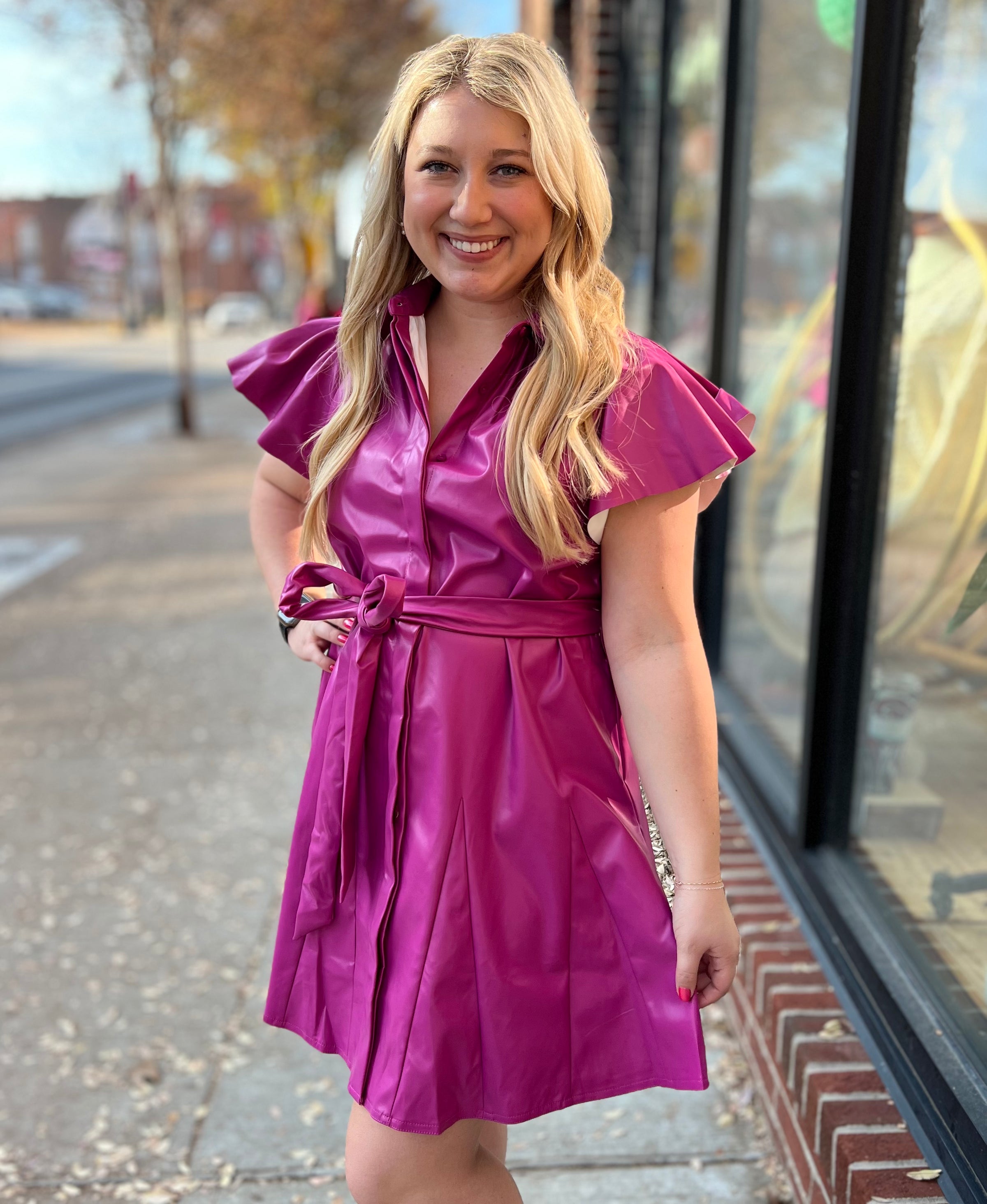 Sincerely Ours | Fuschia Leather Ruffle Sleeve Dress-short sleeve dress-Sincerely Ours-Peachy Keen Boutique, Women's Fashion Boutique, Located in Cape Girardeau and Dexter, MO