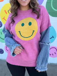 Denim Smiley Sweater-Sweater-Bibi-Peachy Keen Boutique, Women's Fashion Boutique, Located in Cape Girardeau and Dexter, MO