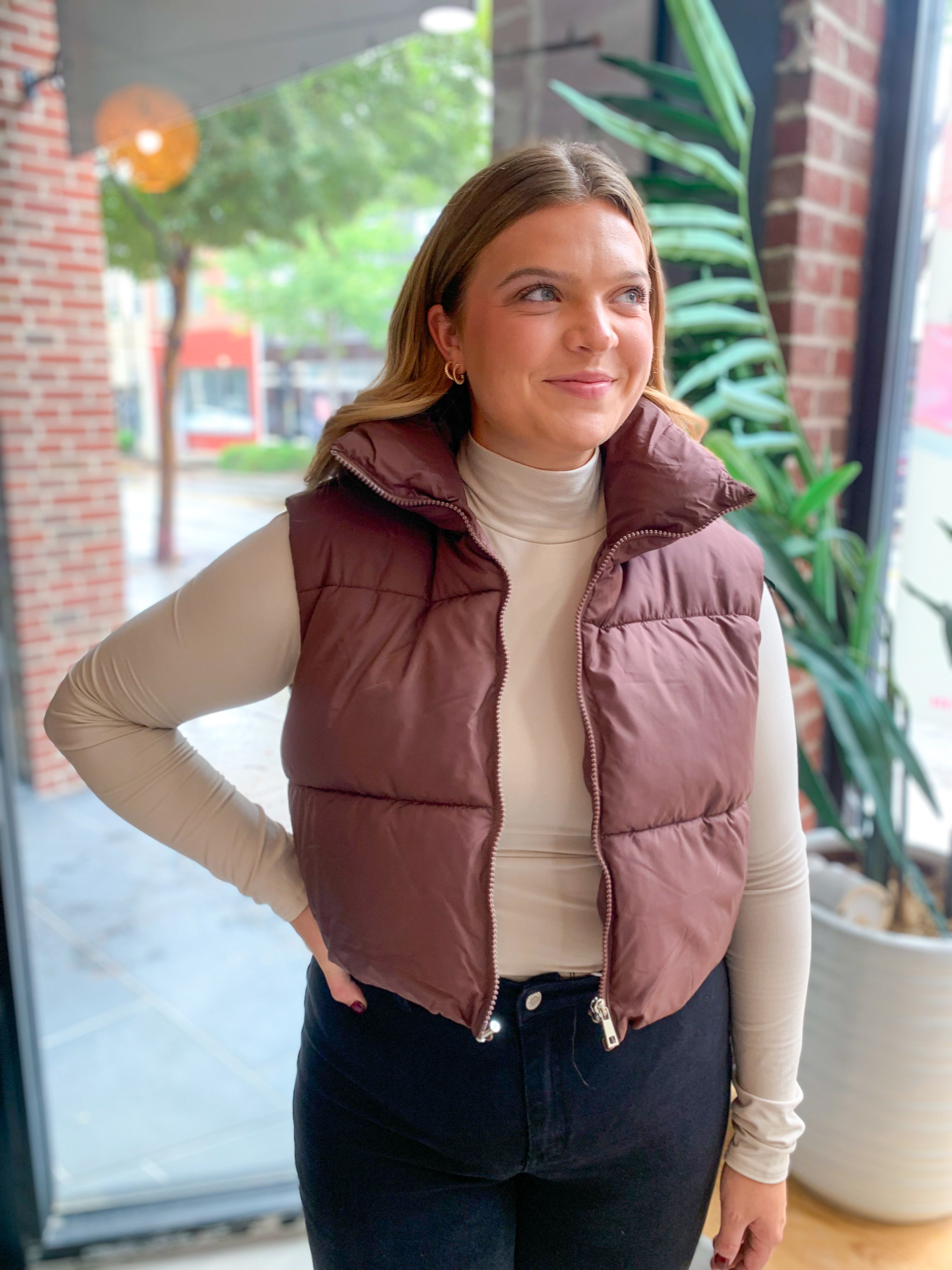 Bella Coffee Puffer Vest-Outerwear - Vests-Zenana-Peachy Keen Boutique, Women's Fashion Boutique, Located in Cape Girardeau and Dexter, MO