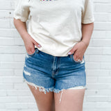 Hidden | Kenzie Dark Blue Distressed Mid Rise Denim Shorts-Bottoms - Shorts-Hidden-Peachy Keen Boutique, Women's Fashion Boutique, Located in Cape Girardeau and Dexter, MO