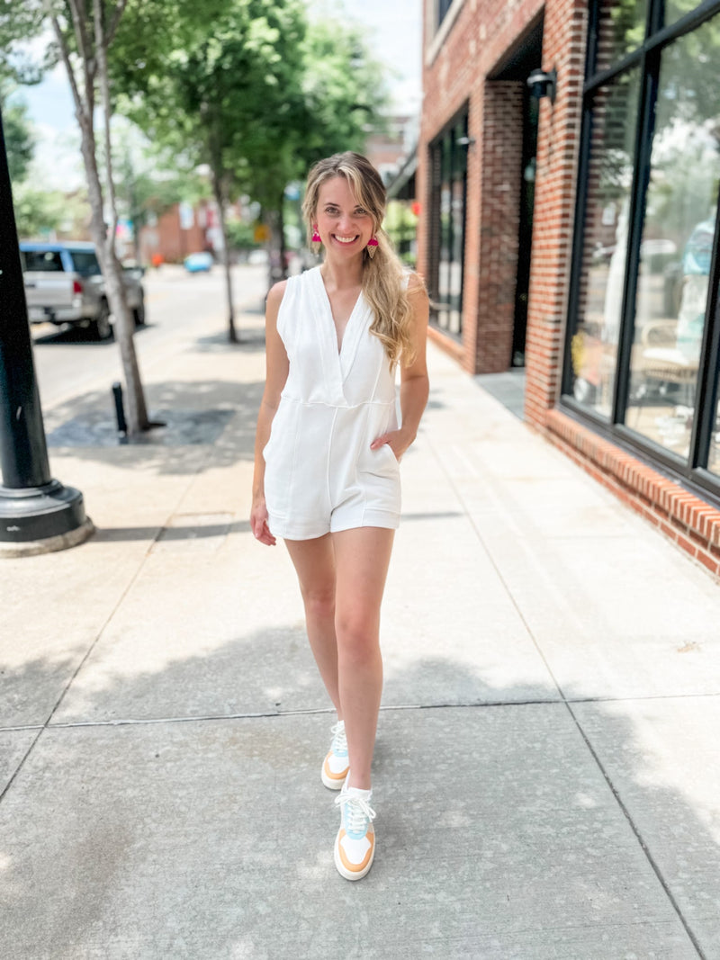 Catie Surplice Neck Ivory Romper-Rompers-BucketList-Peachy Keen Boutique, Women's Fashion Boutique, Located in Cape Girardeau and Dexter, MO