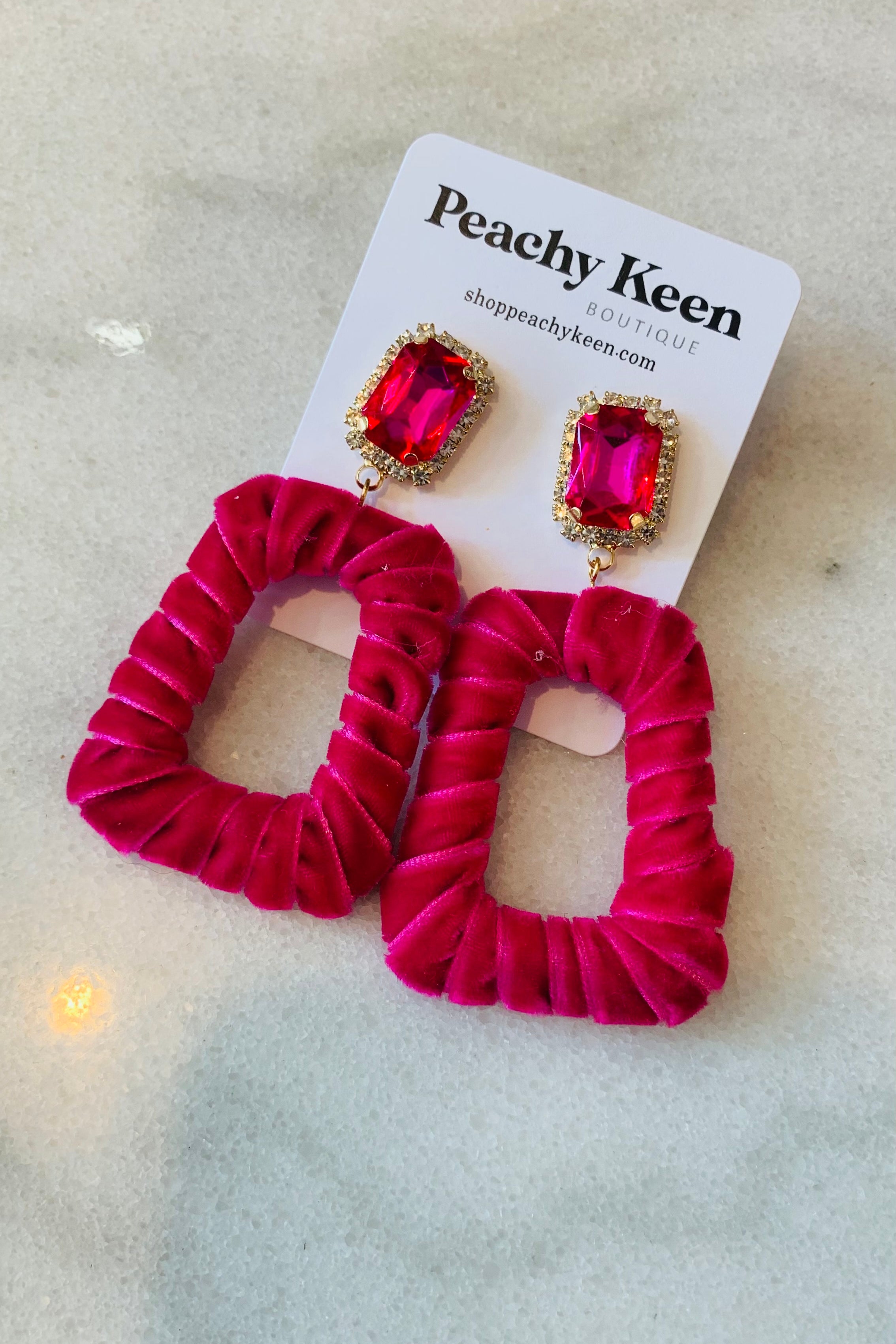 Taylor Velvet Rhinestone Earrings, Pink-Jewelry - Earrings-Qingdao Dadongsheng Jewelry Co.-Peachy Keen Boutique, Women's Fashion Boutique, Located in Cape Girardeau and Dexter, MO