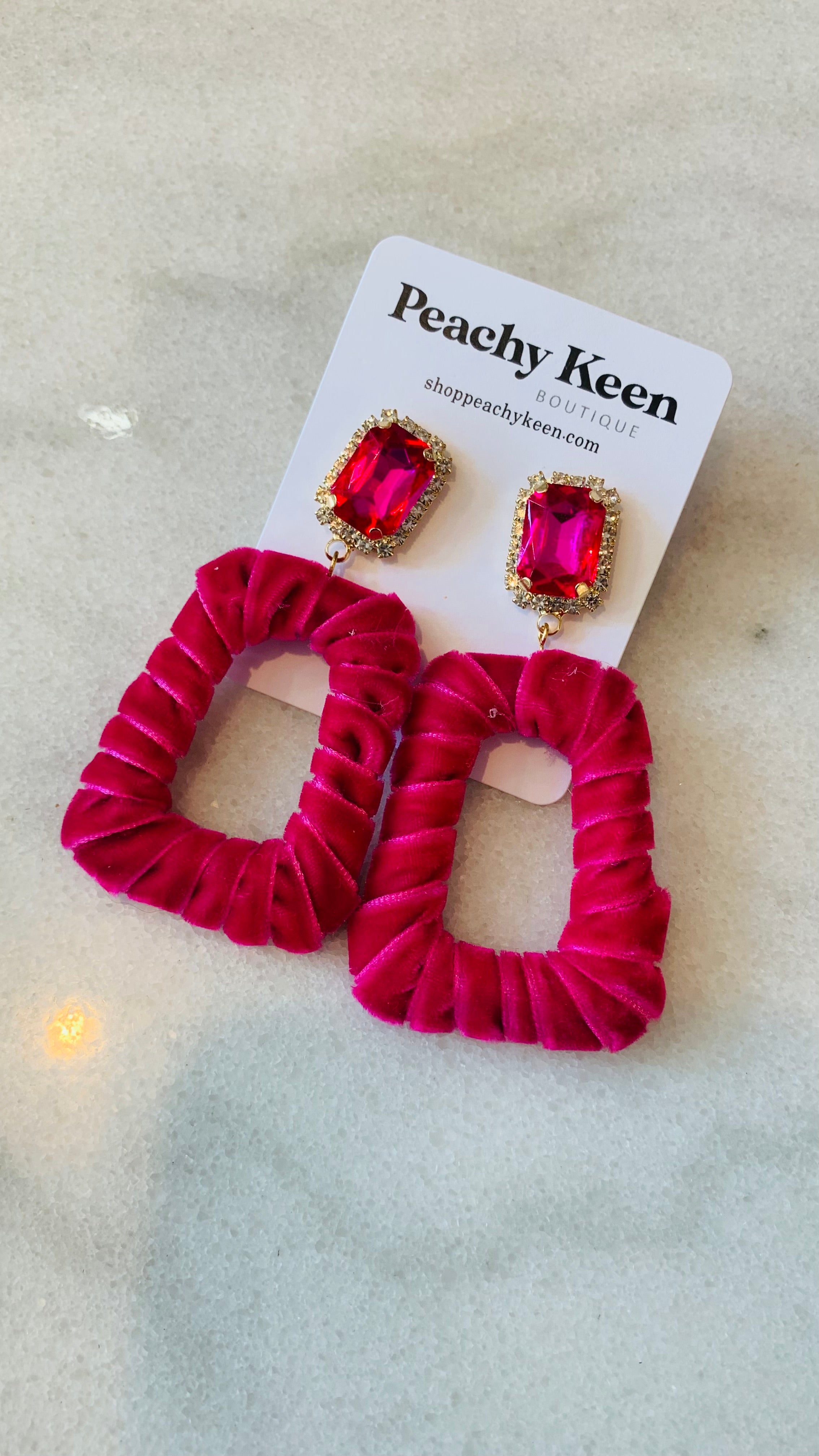 Taylor Velvet Rhinestone Earrings, Pink-Jewelry - Earrings-Qingdao Dadongsheng Jewelry Co.-Peachy Keen Boutique, Women's Fashion Boutique, Located in Cape Girardeau and Dexter, MO