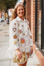 White Long Sleeve Dress with Christmas Embroidered Patches