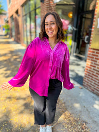 Abbie Magenta Velvet Button Down Top-Shirts & Tops-Jodifl-Peachy Keen Boutique, Women's Fashion Boutique, Located in Cape Girardeau and Dexter, MO