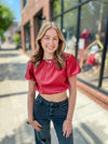 Madi Faux Leather Red Top-Shirts & Tops-Day + Moon-Peachy Keen Boutique, Women's Fashion Boutique, Located in Cape Girardeau and Dexter, MO