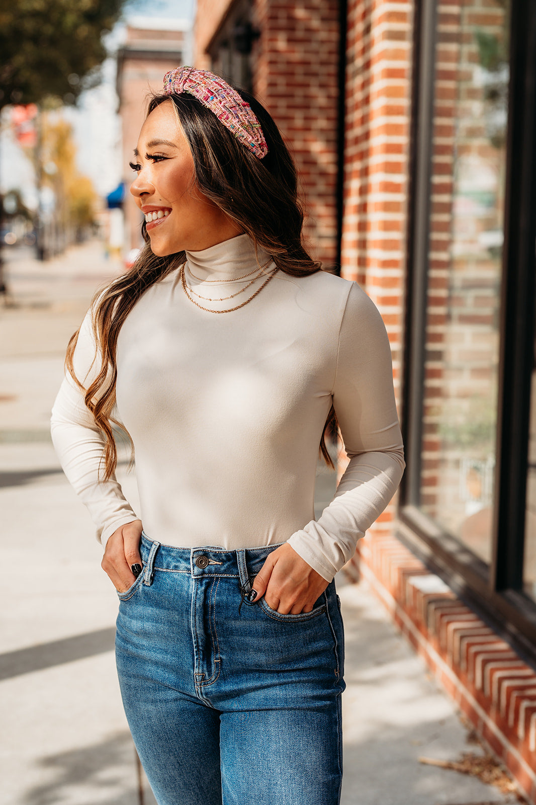 Sand Beige Mock Neck Long Sleeve Bodysuit-Tops - Bodysuits-Zenana-Peachy Keen Boutique, Women's Fashion Boutique, Located in Cape Girardeau and Dexter, MO