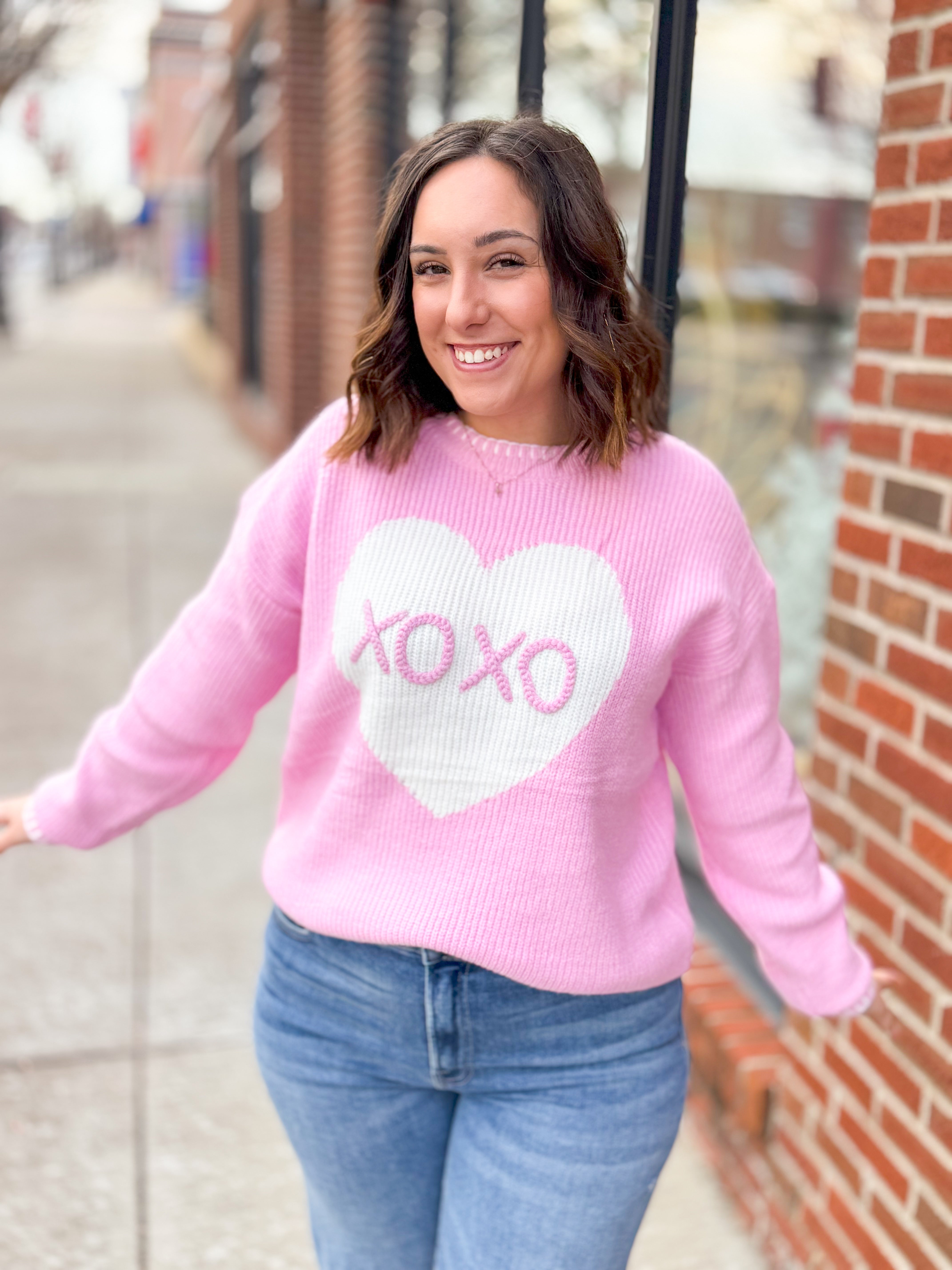 XOXO Pink Heart Sweater-Tops - Sweaters-Main Strip-Peachy Keen Boutique, Women's Fashion Boutique, Located in Cape Girardeau and Dexter, MO