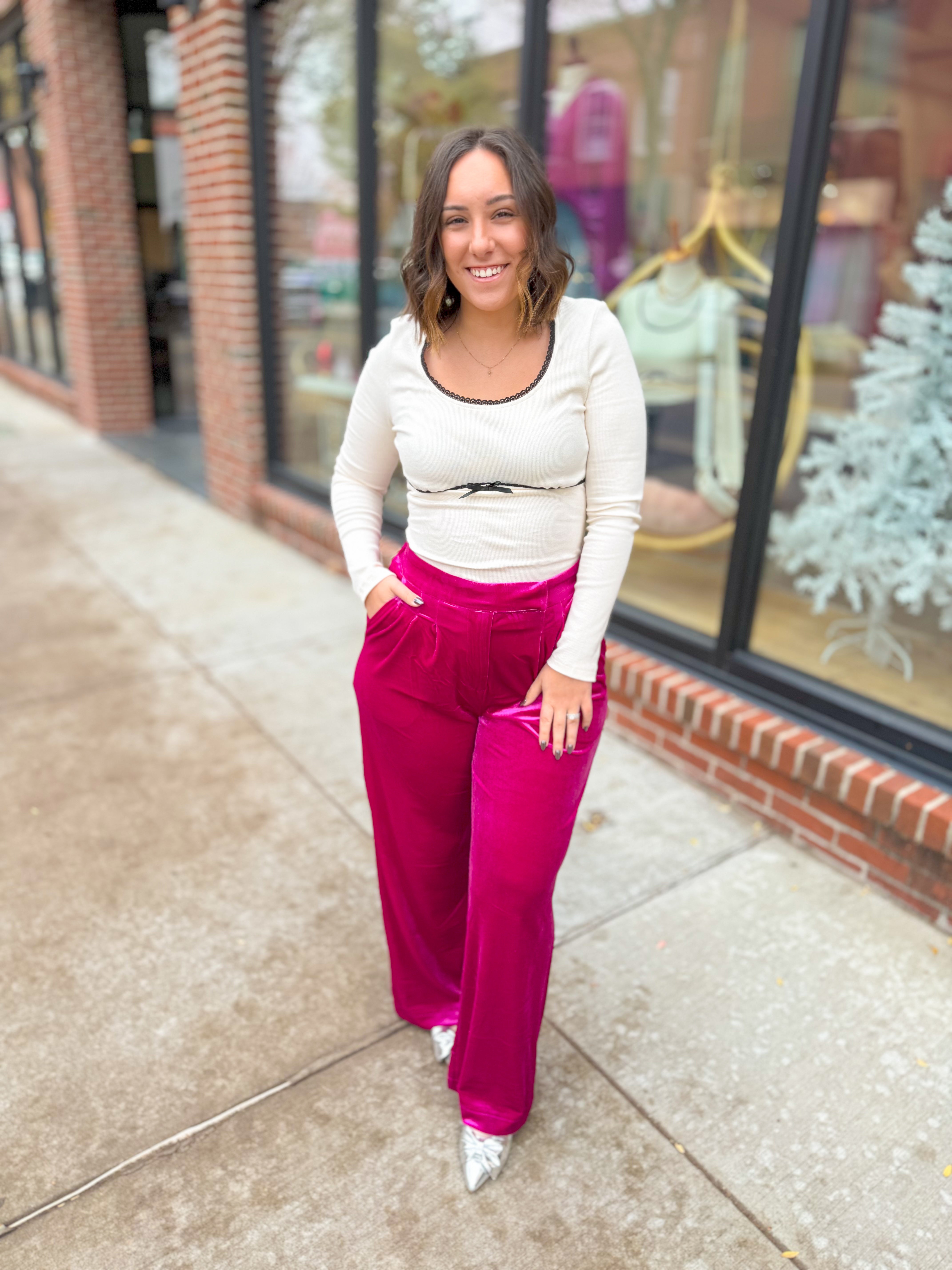 Magenta Crushed Velvet Pants-Bottoms - Pants-Very J-Peachy Keen Boutique, Women's Fashion Boutique, Located in Cape Girardeau and Dexter, MO