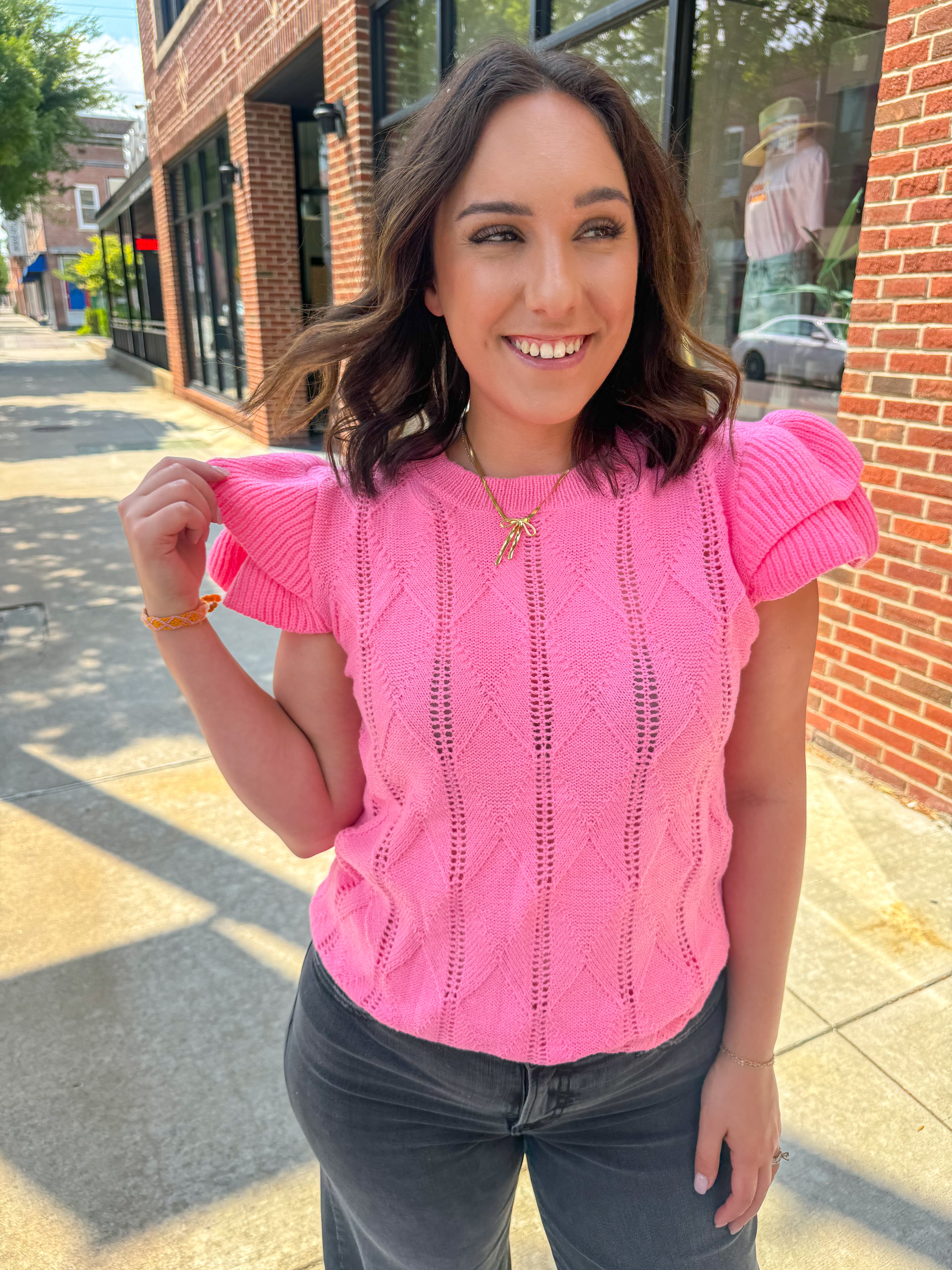 Chrissy Flutter Sleeve Pink Knit Top-Tops-So Me-Peachy Keen Boutique, Women's Fashion Boutique, Located in Cape Girardeau and Dexter, MO