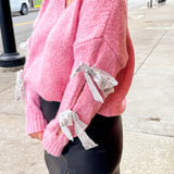 Silver Sequin Bow Sleeve Pink Sweater-Tops - Sweaters-Entro-Peachy Keen Boutique, Women's Fashion Boutique, Located in Cape Girardeau and Dexter, MO