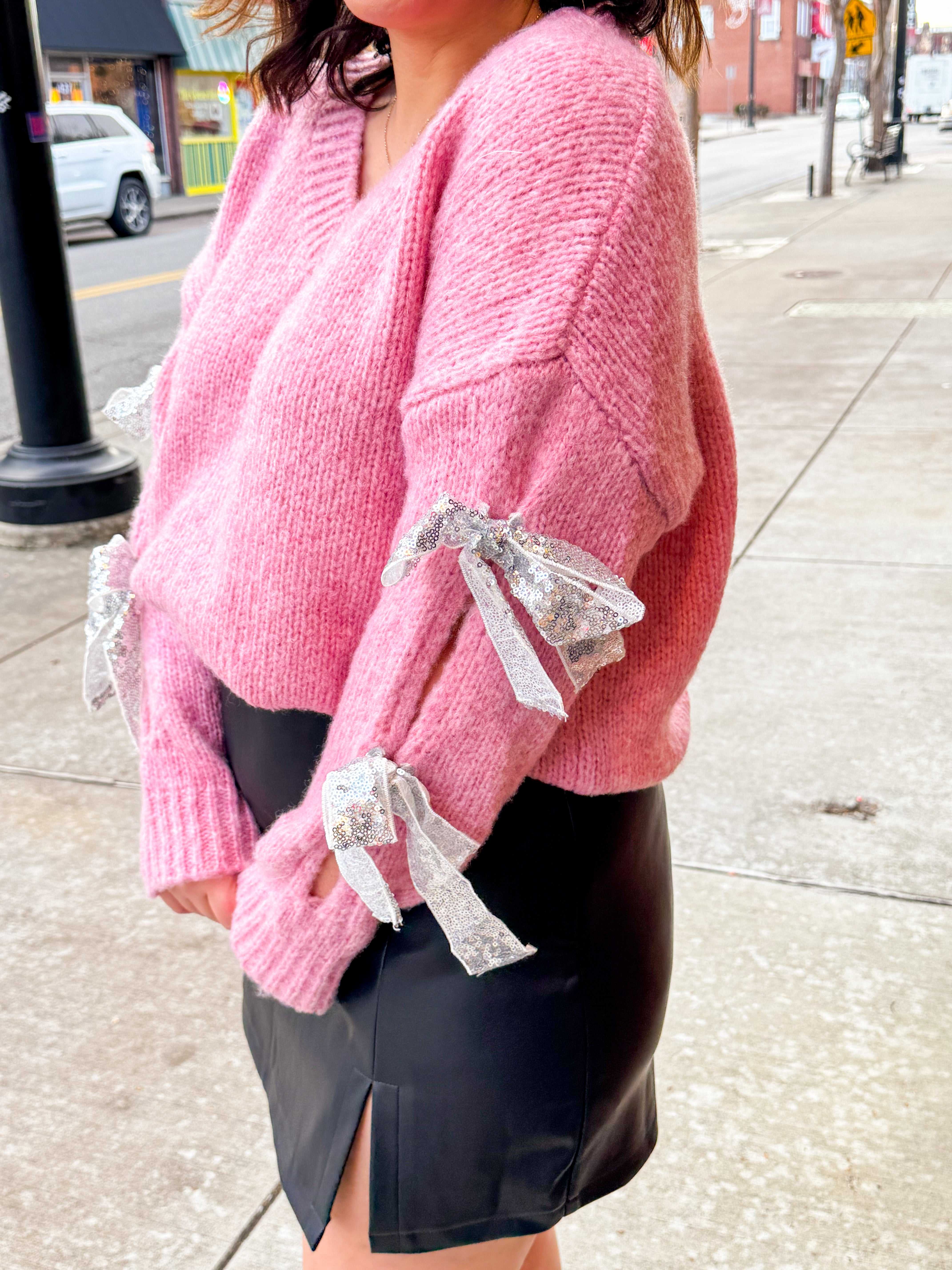 Silver Sequin Bow Sleeve Pink Sweater-Tops - Sweaters-Entro-Peachy Keen Boutique, Women's Fashion Boutique, Located in Cape Girardeau and Dexter, MO