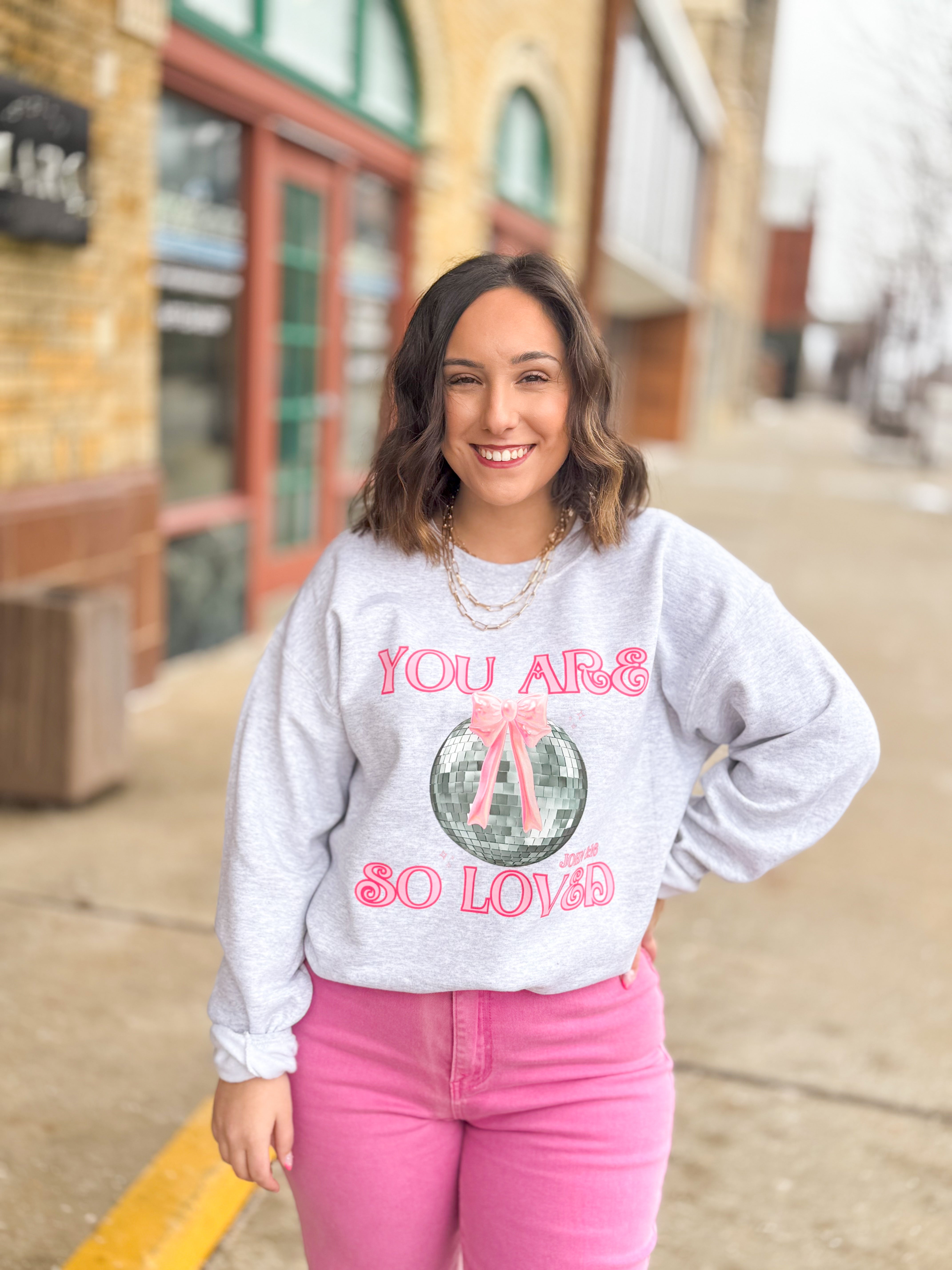 You Are So Loved Disco Sweatshirt-Tops - Sweatshirts-Peachy Keen Boutique-Peachy Keen Boutique, Women's Fashion Boutique, Located in Cape Girardeau and Dexter, MO