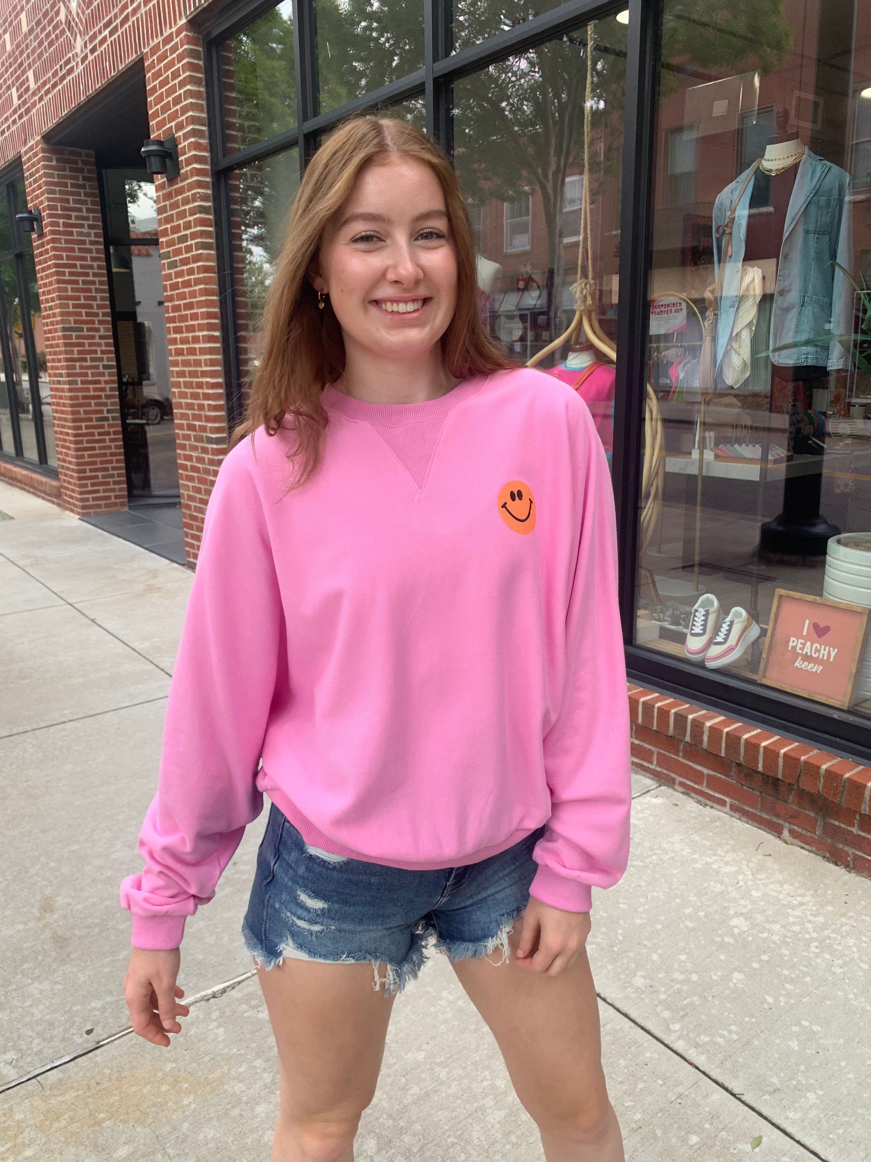 Pink Happy Face Crewneck Sweatshirt-Tops - Sweatshirts-Easel-Peachy Keen Boutique, Women's Fashion Boutique, Located in Cape Girardeau and Dexter, MO