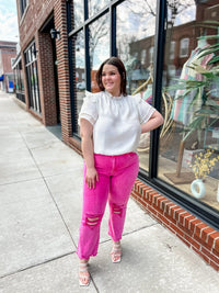 Hot Pink Lightly Distressed Frayed Hem Jeans-210 Denim-Zenana-Peachy Keen Boutique, Women's Fashion Boutique, Located in Cape Girardeau and Dexter, MO